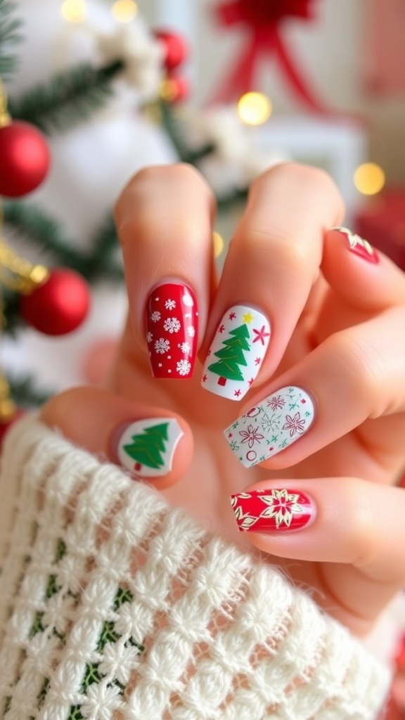 Japanese Christmas Nail Art Designs Japanese Christmas nail art with snowflakes and Christmas trees on festive colored nails.